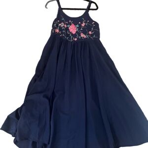 Navy Whimsical feminine embroidered florals birds empire Flowy feminine midi